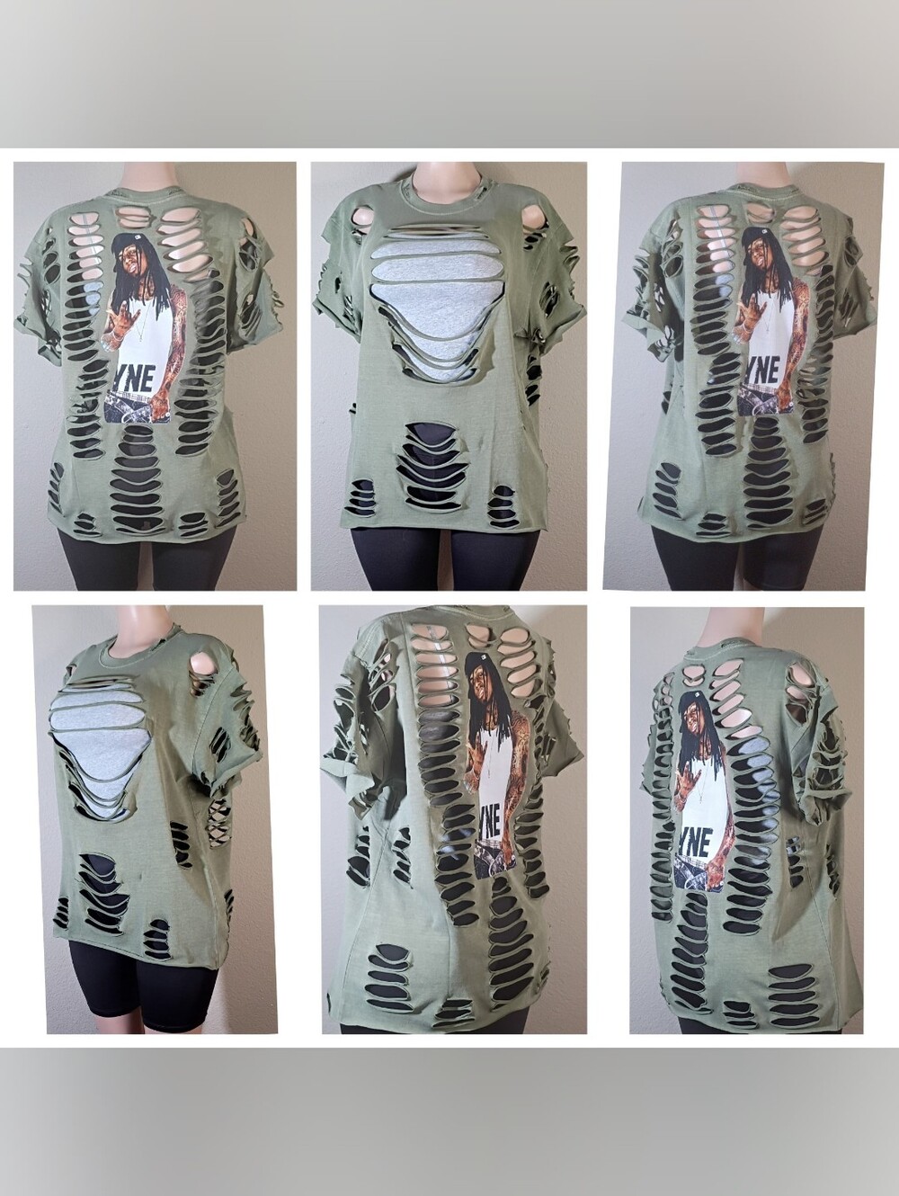 Distressed Lil Wayne Olive Green Graphic Cutout Tee - Women's